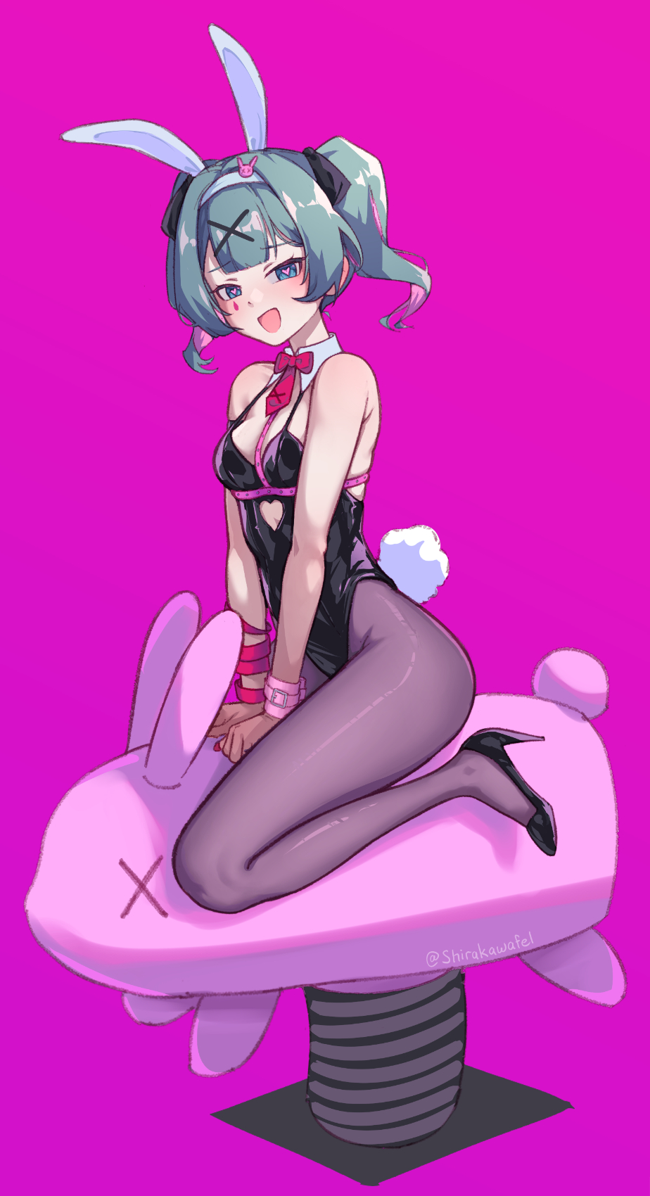 1girl :d animal_ears aqua_hair bare_shoulders black_footwear blue_eyes breasts hair_ornament hairclip hatsune_miku heart heart-shaped_pupils high_heels highres looking_at_viewer necktie open_mouth pantyhose pink_background playboy_bunny purple_pantyhose rabbit_ears rabbit_hole_(vocaloid) rabbit_tail riding shirakawafel short_hair simple_background sitting smile solo spring_rider symbol-shaped_pupils tail teardrop_facial_mark twintails vocaloid