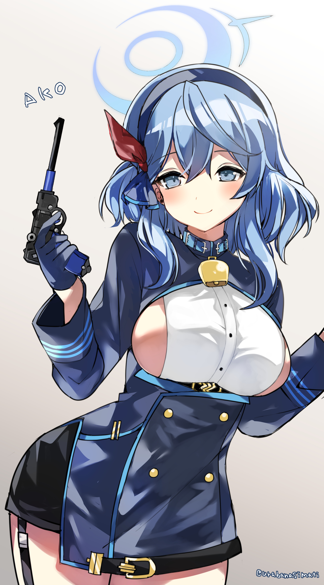 1girl ako_(blue_archive) bell blue_archive blue_eyes blue_hair blue_hairband blue_halo breasts character_name commentary cowbell gradient_background green_hair gun hairband halo handgun highres holding holding_gun holding_weapon large_breasts looking_at_viewer medium_hair neck_bell smile solo twitter_username urabanasimati weapon