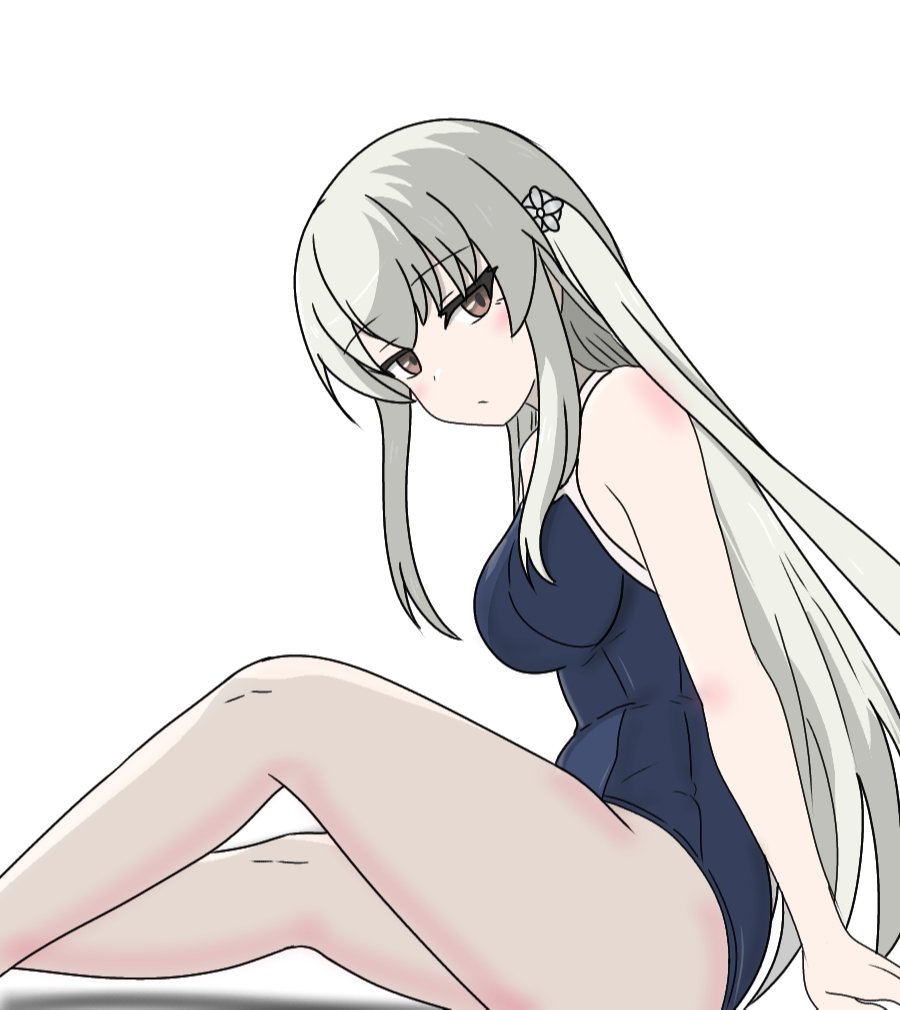 1girl :/ arm_at_side assault_lily bare_arms bare_legs bare_shoulders blue_one-piece_swimsuit blush breasts brown_eyes closed_mouth egawa_kusumi feet_out_of_frame flower from_side grey_hair hair_flower hair_ornament kimassi knee_up long_hair looking_at_viewer looking_to_the_side medium_breasts one-piece_swimsuit school_swimsuit sidelocks simple_background sitting solo swimsuit very_long_hair white_background white_flower