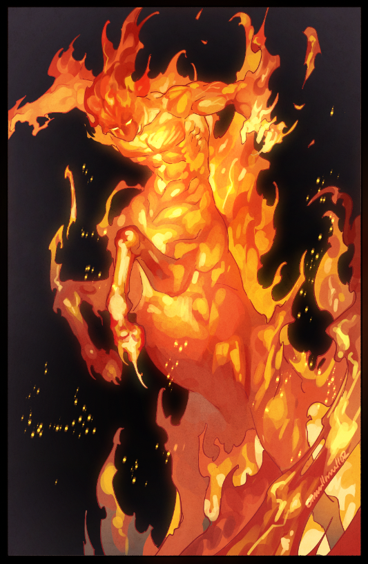 1boy black_background black_border border centaur feet_out_of_frame fiery_hair fire fire_body light_particles looking_at_viewer male_focus mullmull02 muscular muscular_male nude orange_hair orange_theme original outstretched_arms rearing solo spiked_hair standing taur