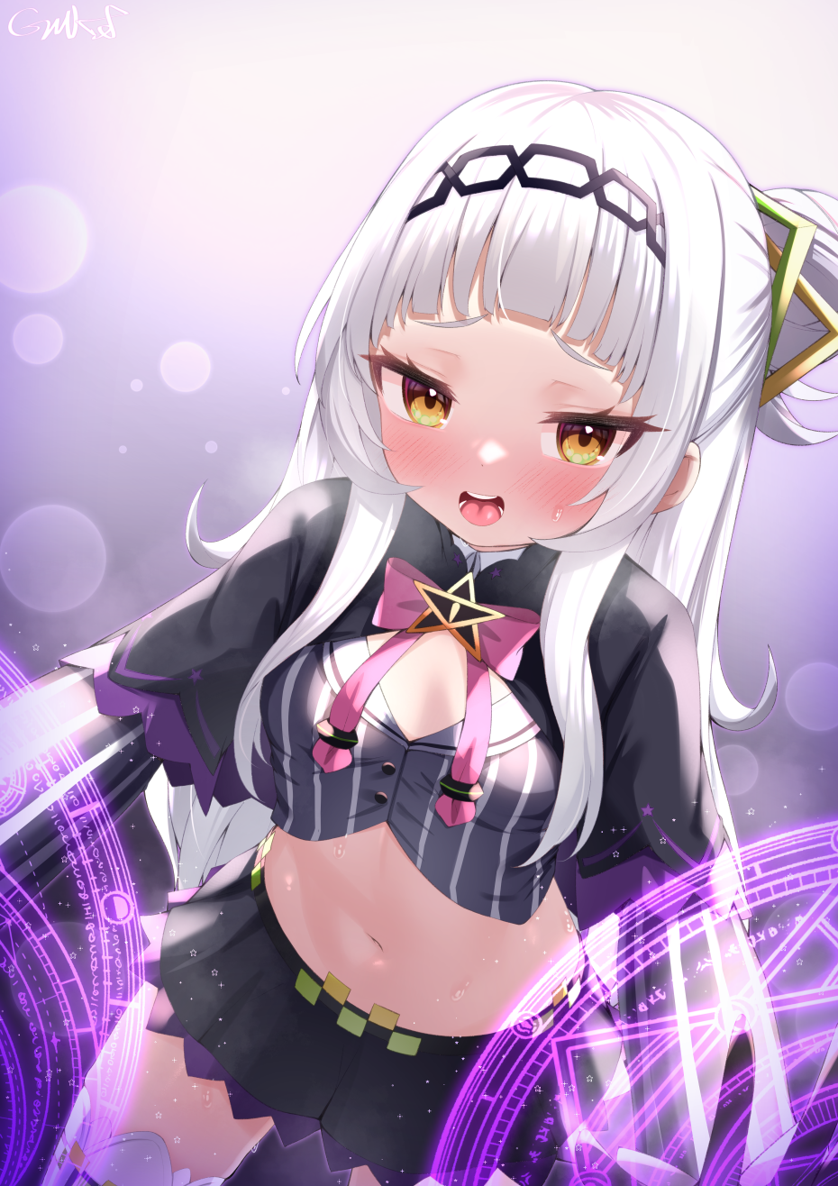 1girl black_capelet black_skirt blush bow breasts brown_eyes capelet commentary_request crop_top forehead gmkj gradient_background grey_background grey_hair grey_shirt hair_bun highres hololive long_hair looking_at_viewer magic_circle murasaki_shion navel open_mouth pentagram pink_bow shirt signature single_side_bun skirt small_breasts solo striped_clothes striped_shirt sweat vertical-striped_clothes vertical-striped_shirt very_long_hair virtual_youtuber