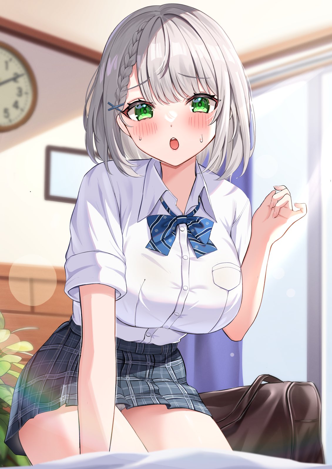1girl :o blue_bow blue_bowtie blue_skirt blush bow bowtie braid breasts clock cowboy_shot day green_eyes grey_hair hair_ornament hand_up high-waist_skirt highres hololive impossible_clothes impossible_shirt indoors large_breasts legs_together long_bangs long_sleeves looking_at_viewer medium_hair mikumineko open_mouth plaid plaid_skirt pleated_skirt shirogane_noel shirt shirt_tucked_in skirt sleeves_rolled_up solo striped_bow striped_bowtie striped_clothes sweat teeth thighs upper_teeth_only virtual_youtuber white_shirt window x_hair_ornament