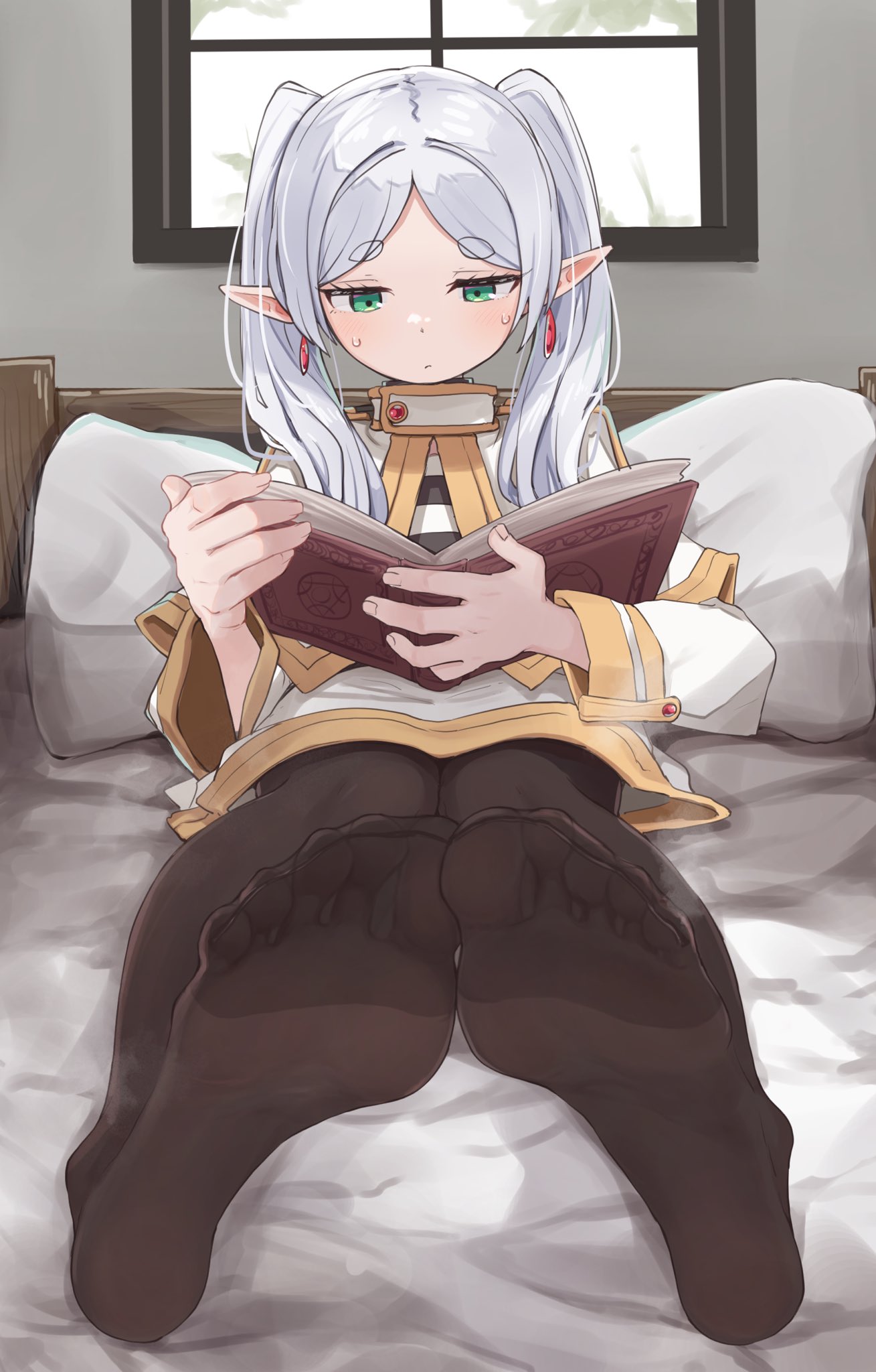 1girl bed_sheet black_pantyhose blush book capelet closed_mouth dress drop_earrings earrings elf eyelashes feet foot_focus foreshortening frieren full_body gold_trim green_eyes grey_hair highres holding holding_book indoors jewelry kahlua_(artist) long_hair long_sleeves looking_down no_shoes on_bed pantyhose parted_bangs pillow pointy_ears see-through see-through_legwear short_eyebrows sitting smell soles solo sousou_no_frieren steaming_body sweatdrop thick_thighs thighs toes twintails white_capelet white_dress