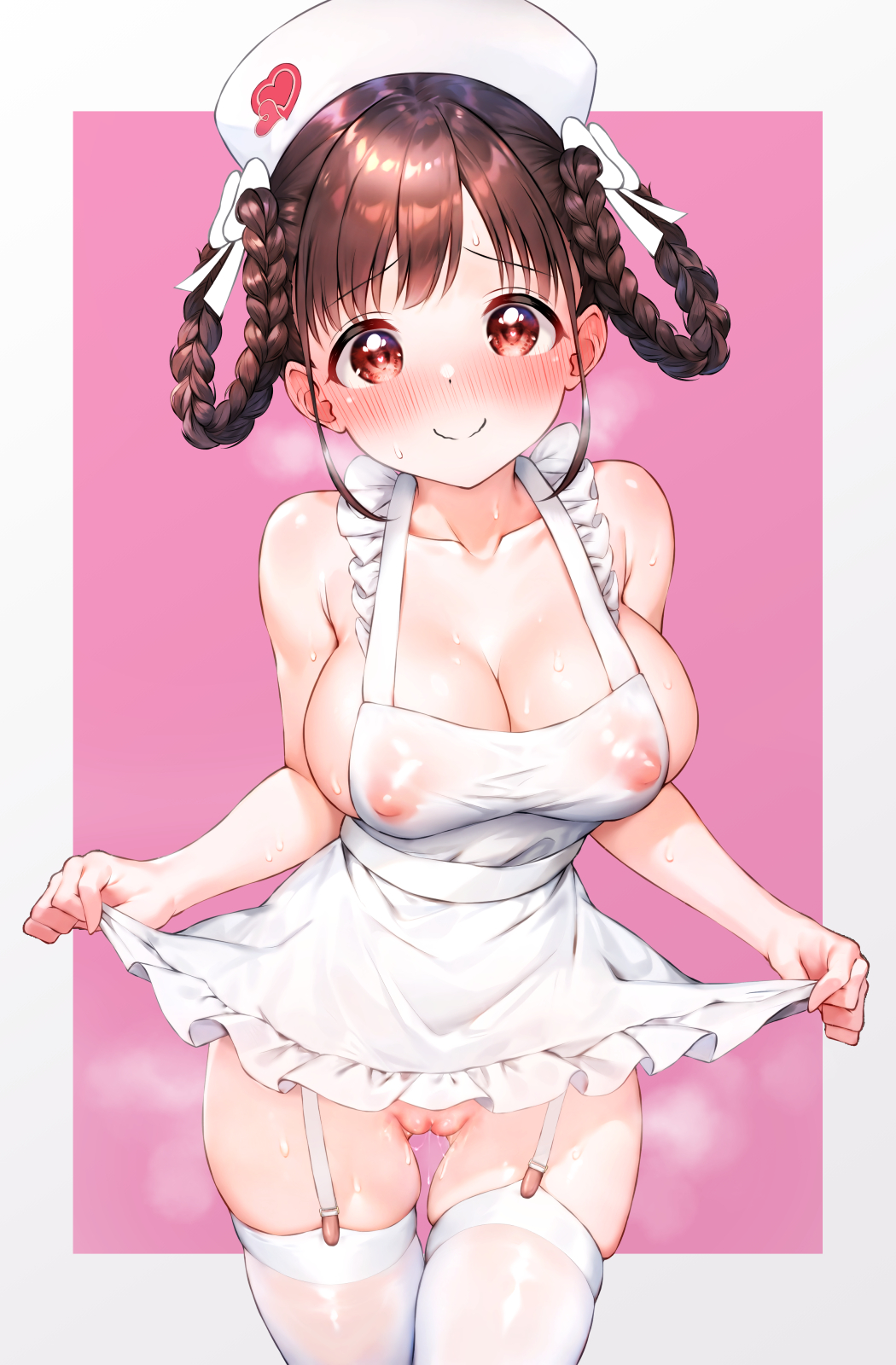 1girl apron apron_hold ass_visible_through_thighs bare_shoulders blush braided_hair_rings breasts breath brown_hair cleft_of_venus closed_mouth collarbone commentary covered_nipples frilled_apron frills garter_straps hair_rings hat highres idolmaster idolmaster_shiny_colors large_breasts looking_at_viewer naked_apron nose_blush nurse_cap pink_background pussy_juice qianlou_(qianlou12374) red_eyes see-through_apron sideboob simple_background skindentation smile solo sonoda_chiyoko steaming_body sweat thighhighs two-tone_background white_apron white_garter_straps white_thighhighs
