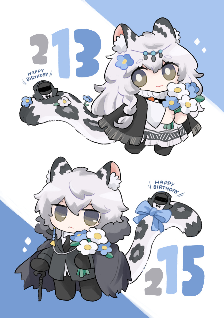 1boy 1girl 1other :3 animal_ear_fluff animal_ears animal_print arknights black_cape black_gloves black_jacket black_necktie black_pants black_suit blue_background blue_flower bouquet braid bright_pupils cane cape chibi commentary dated doctor_(arknights) dress flower frown gloves grey_eyes happy_birthday head_chain highres holding holding_bouquet hood hood_up hooded_jacket jacket leopard_boy leopard_ears leopard_print leopard_tail long_hair mask necktie pants pramanix_(arknights) shirt short_hair side_braid silverash_(arknights) simple_background soppos suit tail two-tone_background white_background white_dress white_flower white_hair white_pupils white_shirt