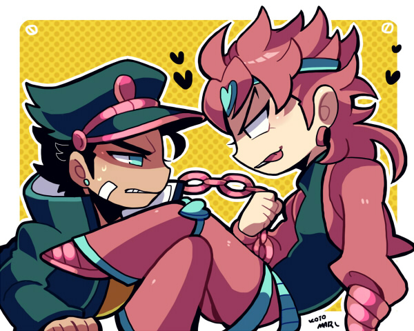 2boys arm_support bandage_on_face bandages blue_eyes border chain coat dio_brando earrings from_side grimace hat heart jacket jewelry jojo_no_kimyou_na_bouken kotorai kujo_jotaro licking_lips limited_palette long_hair looking_at_another male_focus multiple_boys pulling shaded_face shirt short_hair tongue tongue_out white_border yaoi