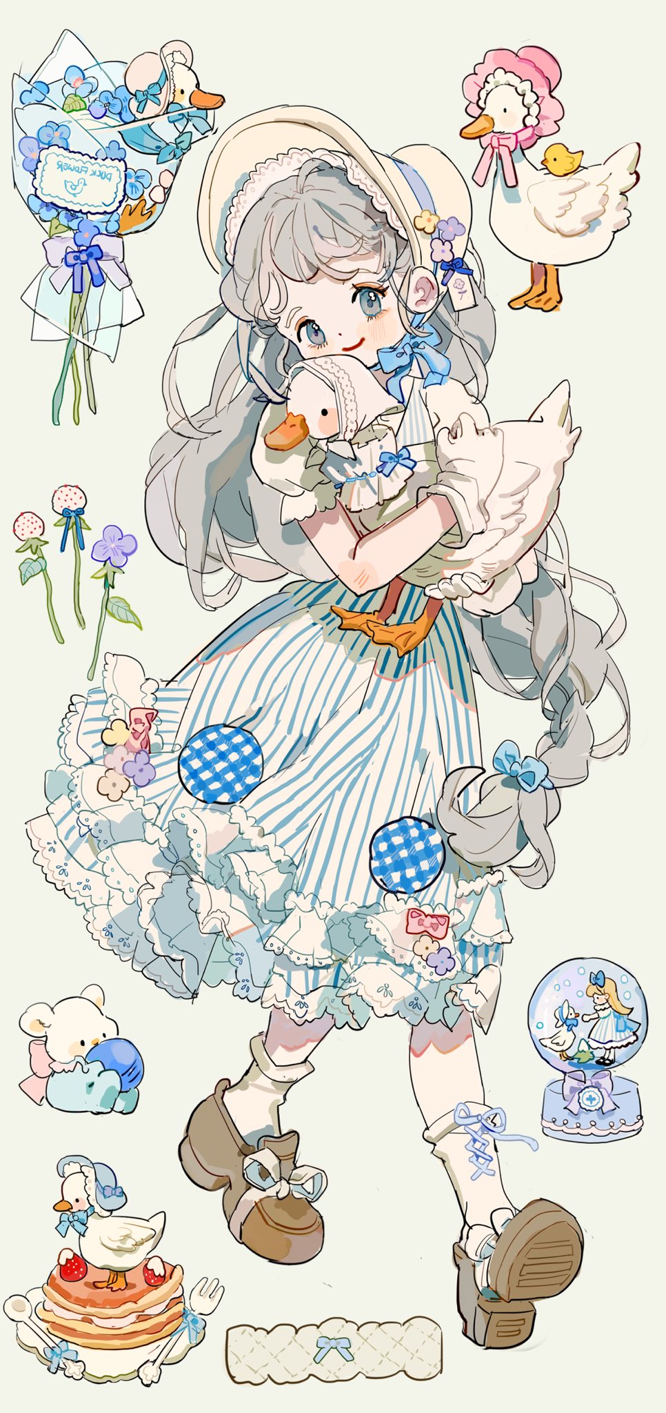 1girl animal bird black_footwear blonde_hair blue_bow blue_dress blue_eyes blue_flower blue_ribbon blue_theme blush_stickers bonnet bouquet bow bow_legwear bowtie braid brown_footwear cake closed_mouth doll dress duck duckling eyelashes flower food footwear_bow fork frilled_dress frilled_sleeves frills fruit full_body gloves grey_eyes grey_hair hair_bow hair_flower hair_ornament hat hat_flower highres holding holding_animal lace_trim layered_dress loafers lolita_fashion long_hair looking_at_viewer makeup mary_janes open_mouth original plate puffy_short_sleeves puffy_sleeves purple_flower putong_xiao_gou red_lips ribbon shoes short_sleeves simple_background smile snow_globe socks solo striped_clothes striped_dress stuffed_toy vertical-striped_clothes vertical-striped_dress very_long_hair white_bow white_flower white_gloves white_headwear white_socks