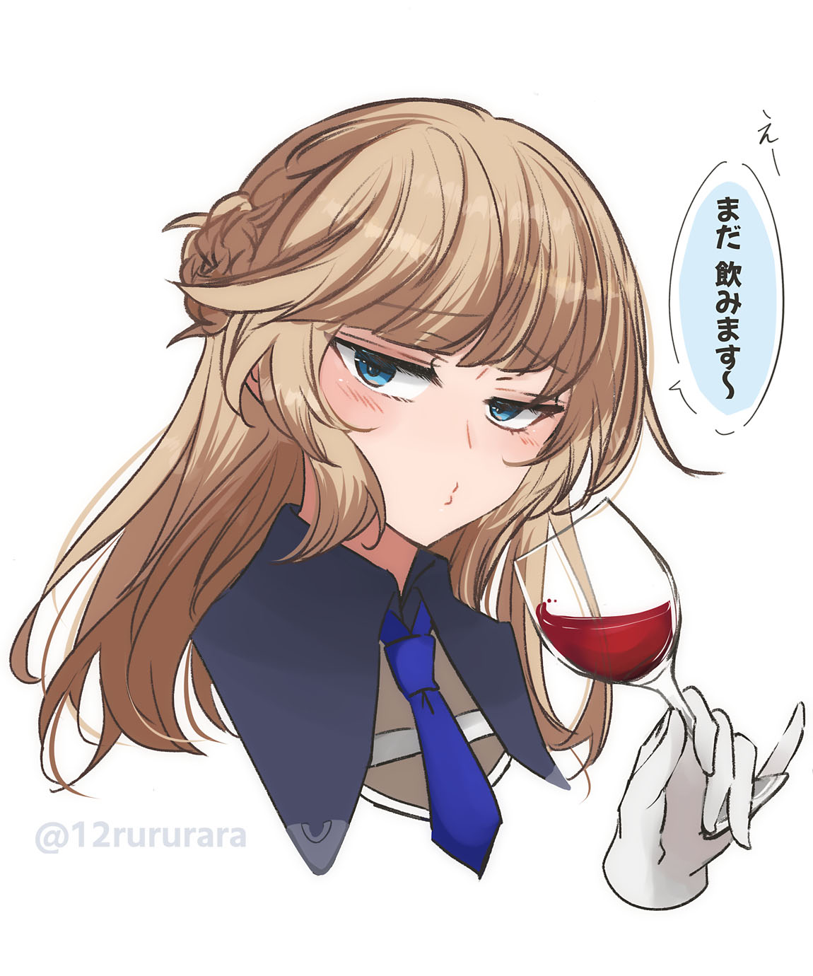 1girl alcohol blonde_hair blue_eyes blue_necktie commentary_request cup drinking_glass gloves hair_bun highres kantai_collection long_hair necktie ranger_(kancolle) simple_background solo tonome_(rururara) translation_request upper_body white_background white_gloves wine wine_glass