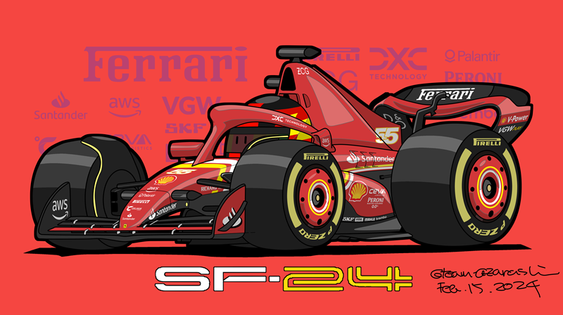 1boy amazon_(company) artist_name car carlos_sainz dated ferrari ferrari_sf-24 formula_one formula_racer helmet motor_vehicle pirelli race_vehicle racecar real_life red_background red_theme shadow shell_(company) sponsor team_azarashi vehicle_focus