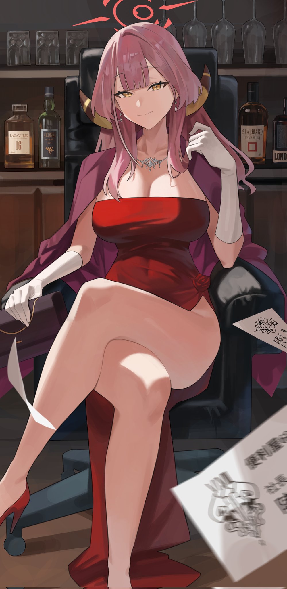 1girl alcohol aru_(blue_archive) aru_(dress)_(blue_archive) bag bare_legs black_bag blue_archive bottle breasts cleavage coat coat_on_shoulders covered_navel crossed_legs cup demon_horns dress dress_flower drinking_glass elbow_gloves fromgod_jungle gloves halo handbag high_heels highres holding holding_bag horns jewelry large_breasts long_hair looking_at_viewer necklace official_alternate_costume on_chair red_dress red_footwear red_hair red_halo side_slit sitting smile solo strapless strapless_dress white_gloves wine_glass yellow_eyes yellow_horns