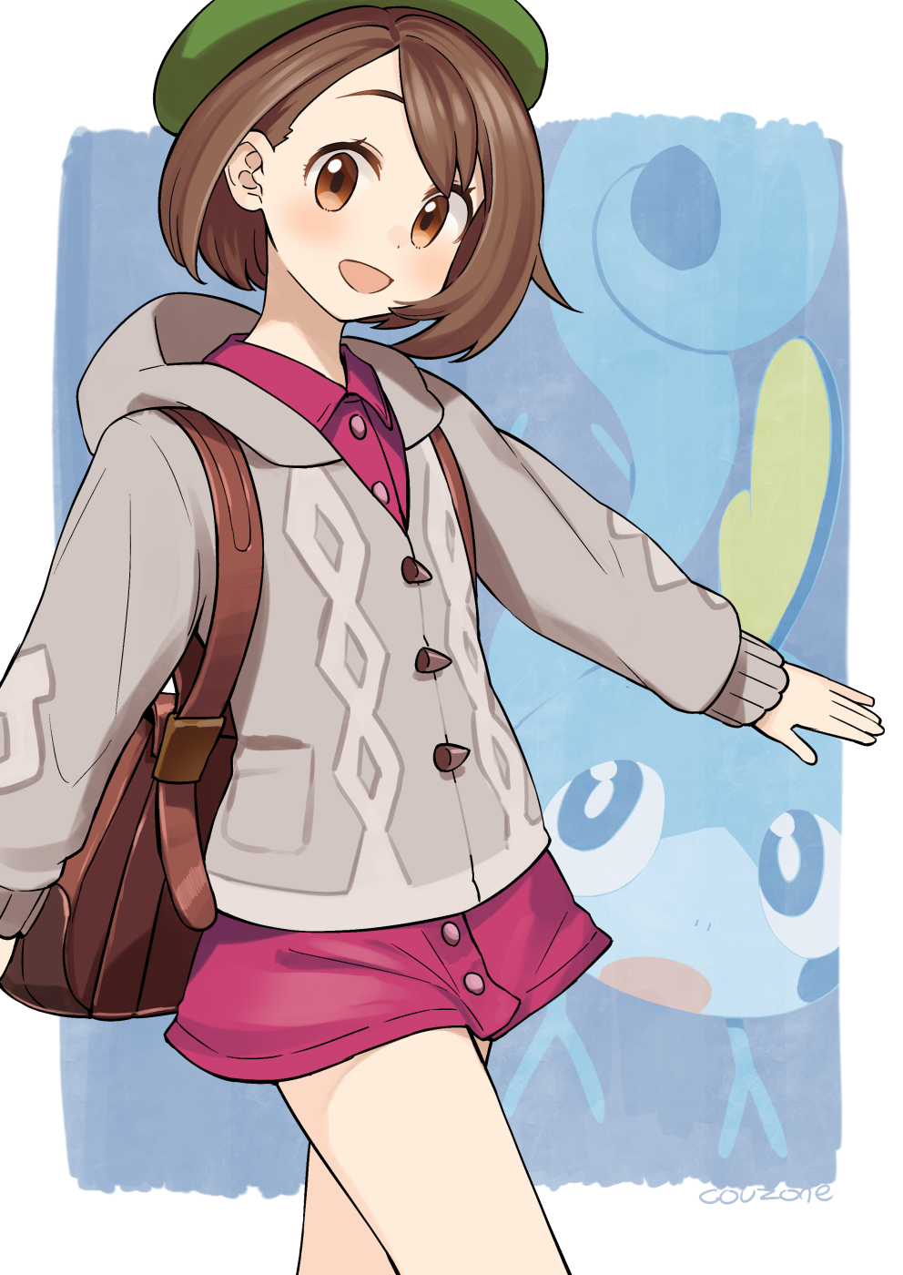 1girl :d artist_name backpack bag brown_bag brown_eyes brown_hair buttons cable_knit cardigan collared_dress commentary_request couzone dress eyelashes gloria_(pokemon) green_headwear grey_cardigan hat highres hooded_cardigan looking_at_viewer open_mouth pokemon pokemon_swsh short_hair signature smile sobble tam_o'_shanter