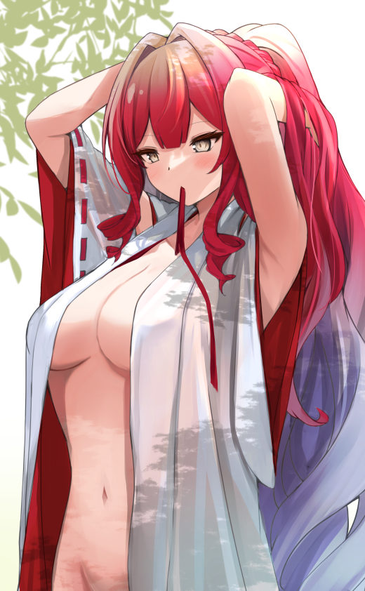 1girl armpits arms_behind_head arms_up baobhan_sith_(fate) blush breasts cleavage fate/grand_order fate_(series) grey_eyes japanese_clothes kimono large_breasts long_hair looking_at_viewer navel open_clothes open_kimono pink_hair ponytail shibakame sidelocks solo tying_hair white_kimono wide_sleeves