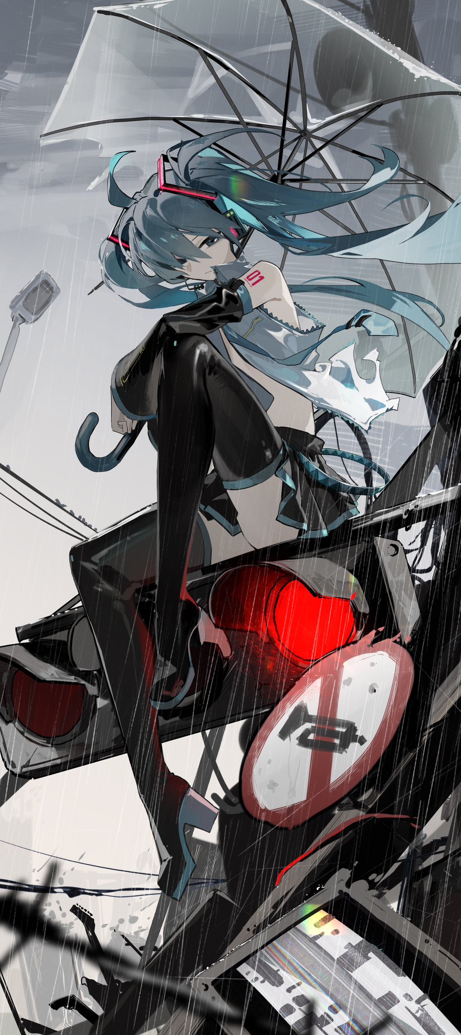 1girl ahoge arm_on_knee bare_shoulders black_footwear black_skirt black_sleeves blue_eyes blue_hair blue_necktie boots closed_mouth collared_shirt dated_commentary day detached_sleeves expressionless floating_hair full_body grey_shirt hair_ornament hatsune_miku highres holding holding_umbrella jitome jiu_ye_sang knee_up lamppost long_hair long_sleeves looking_at_viewer miniskirt necktie number_tattoo outdoors overcast pleated_skirt rain road_sign shirt sidelocks sign sitting skirt sky sleeveless sleeveless_shirt solo tattoo thigh_boots tie_clip traffic_light transparent transparent_umbrella twintails umbrella very_long_hair vocaloid