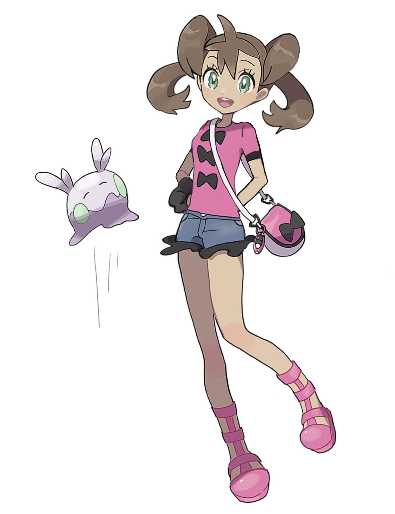 1girl :d arms_behind_back bag brown_hair eneko_(olavcnkrpucl16a) eyelashes goomy green_eyes happy highres looking_at_viewer open_mouth pink_bag pink_footwear pink_shirt pokemon pokemon_(creature) pokemon_xy shauna_(pokemon) shirt shoes short_shorts short_sleeves shorts shoulder_bag simple_background smile standing teeth twintails upper_teeth_only white_background