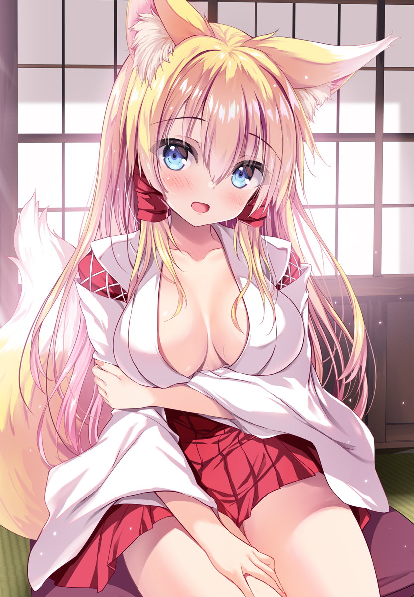 animal_ears blonde_hair blue_eyes blush breasts cleavage detached_sleeves fox_ears fox_girl fox_tail gohei hakama hakama_short_skirt hakama_skirt highres indoors japanese_clothes kimono large_breasts long_hair miko open_mouth original red_hakama ribbon_trim sitting skirt tail tateha_(marvelous_grace) white_kimono wide_sleeves