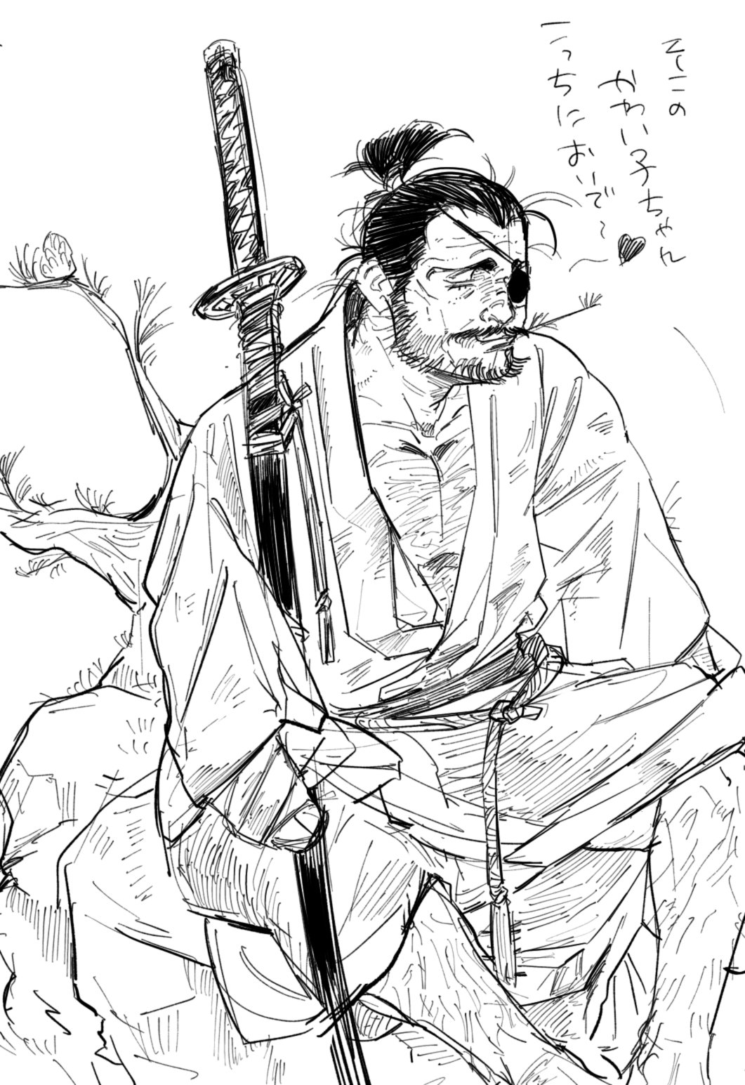 1boy beard_stubble character_request eyepatch facial_hair feet_out_of_frame greyscale hairy highres japanese_clothes katana kimono male_focus mature_male monochrome mouth_hold okiba_(hoxq9axtnhp3uc9) pectoral_cleavage pectorals ronin short_ponytail sketch solo stalk_in_mouth stubble sword thick_chest_hair thick_eyebrows thick_leg_hair translation_request weapon