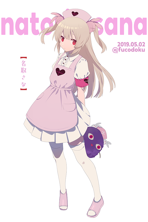 1girl apron artist_name buttons character_name closed_mouth collared_shirt dated dress frills fucodoku full_body hair_between_eyes hair_ornament hat heart heart_print holding holding_stuffed_toy light_brown_hair long_hair looking_at_viewer natori_sana nurse_cap pink_apron pink_footwear pink_headwear pocket puffy_short_sleeves puffy_sleeves rabbit_hair_ornament red_eyes sana_channel sandals shirt short_sleeves sidelocks simple_background solo standing stuffed_toy thighhighs two_side_up white_background white_dress white_thighhighs