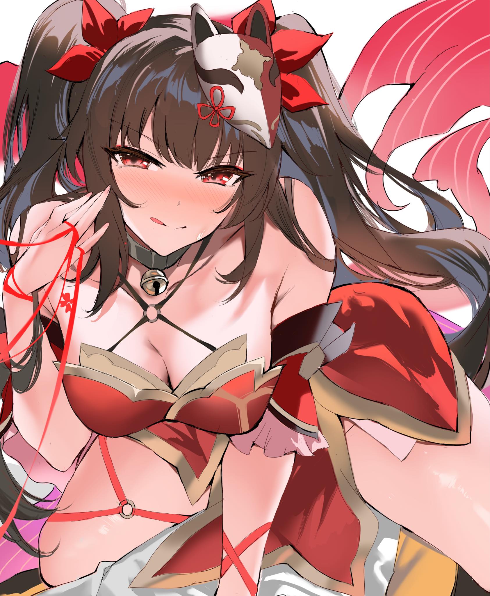 1girl :q arm_support bare_shoulders bell bent_over black_choker blush bow breasts brown_hair choker cleavage closed_mouth collarbone cowboy_shot criss-cross_halter dress fox_mask hair_bow halterneck highres holding holding_string honkai:_star_rail honkai_(series) large_breasts legs_apart long_hair looking_at_viewer mask mask_on_head neck_bell nose_blush o-ring pelvic_curtain red_bow red_dress red_eyes shiben_(ugvu5784) short_hair sidelocks simple_background sleeveless sleeveless_dress smile solo sparkle_(honkai:_star_rail) string string_of_fate tongue tongue_out twintails white_background