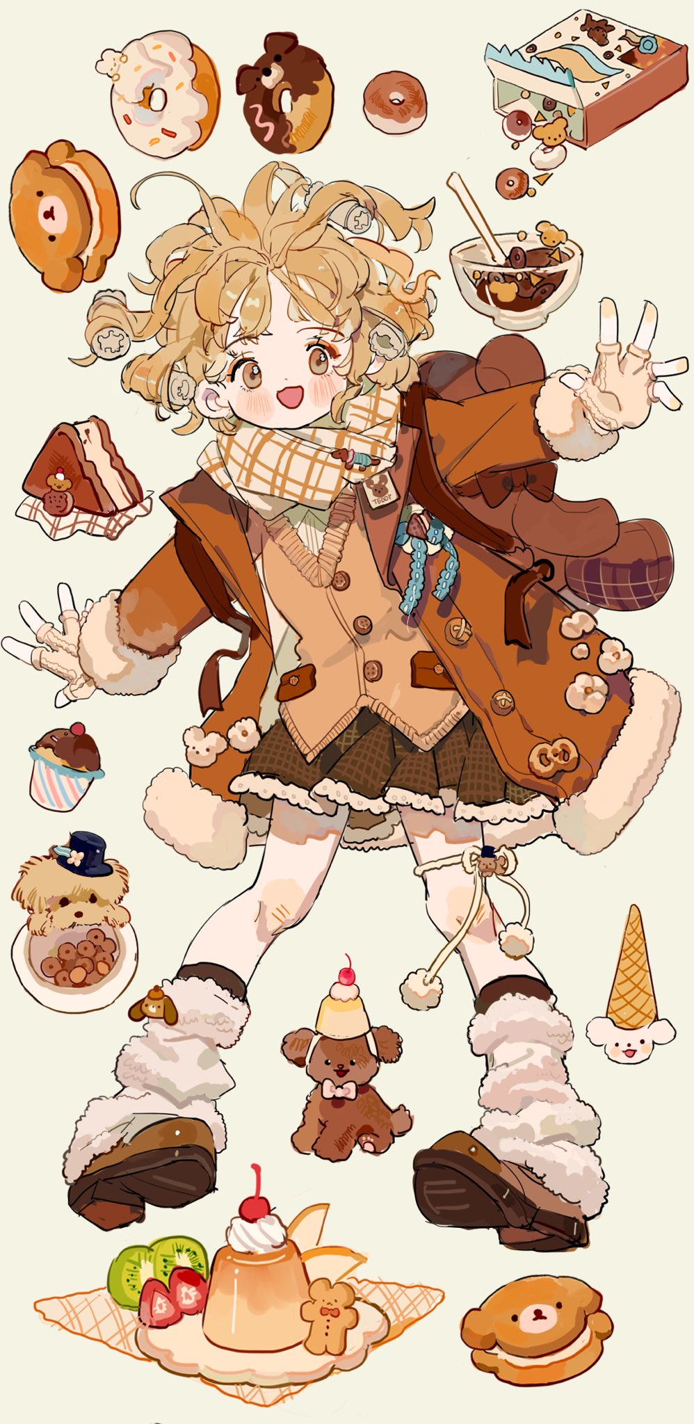 1girl :d backpack bag bagel bandaid bandaid_on_leg blonde_hair blush blush_stickers brown_coat brown_eyes brown_footwear brown_skirt buttons cake cake_slice candy cherry chocolate coat cookie cupcake curly_hair dog doughnut fingerless_gloves food frills fruit full_body fur-trimmed_coat fur_trim gloves hat highres ice_cream ice_cream_cone icing kiwi_(fruit) kiwi_slice loafers long_sleeves looking_at_viewer loose_socks mini_hat mini_top_hat open_mouth orange_(fruit) orange_slice original outstretched_arms plaid plaid_scarf plaid_skirt plate pleated_skirt pom_pom_(clothes) pudding putong_xiao_gou scarf shoes short_hair simple_background skirt smile socks solo spread_arms sprinkles strawberry strawberry_slice stuffed_animal stuffed_toy sweater_vest teddy_bear top_hat whipped_cream white_socks yellow_background