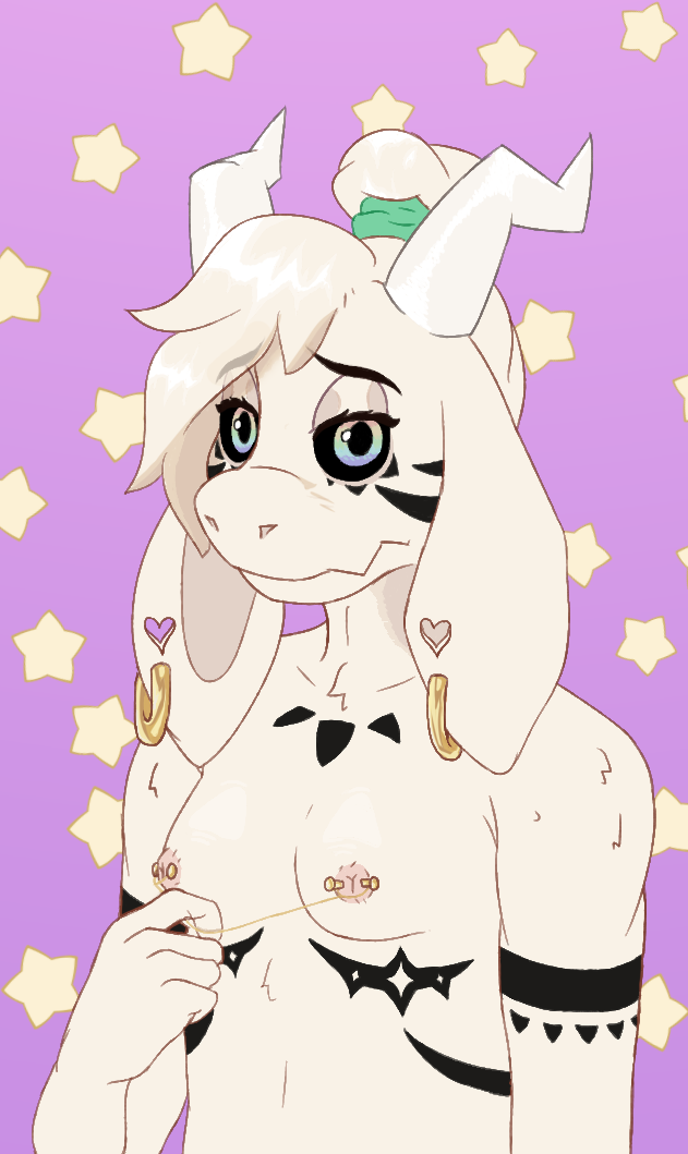 anthro asriel_dreemurr_(god_form) boss_monster_(undertale) bovid caprine digital_media_(artwork) ear_piercing ear_ring fur goat hair hair_bun horn male mammal markings nipple_piercing nipples nude piercing ring_piercing solo stardustspears tattoo undertale undertale_(series) white_body white_fur