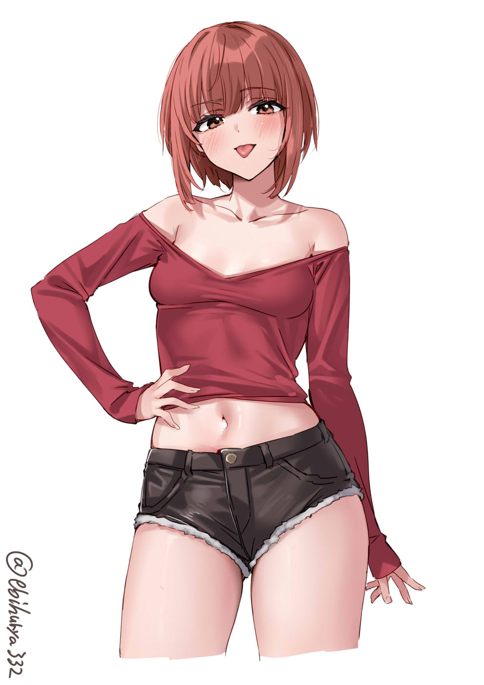 1girl :p alternate_costume bare_shoulders blush breasts brown_eyes brown_hair collarbone commentary cowboy_shot cutoffs denim denim_shorts ebifurya highres jeans kantai_collection long_sleeves looking_at_viewer midriff navel off-shoulder_shirt off_shoulder open_mouth pants shirt short_hair short_shorts shorts simple_background small_breasts solo stomach tongue tongue_out twitter_username white_background z3_max_schultz_(kancolle)