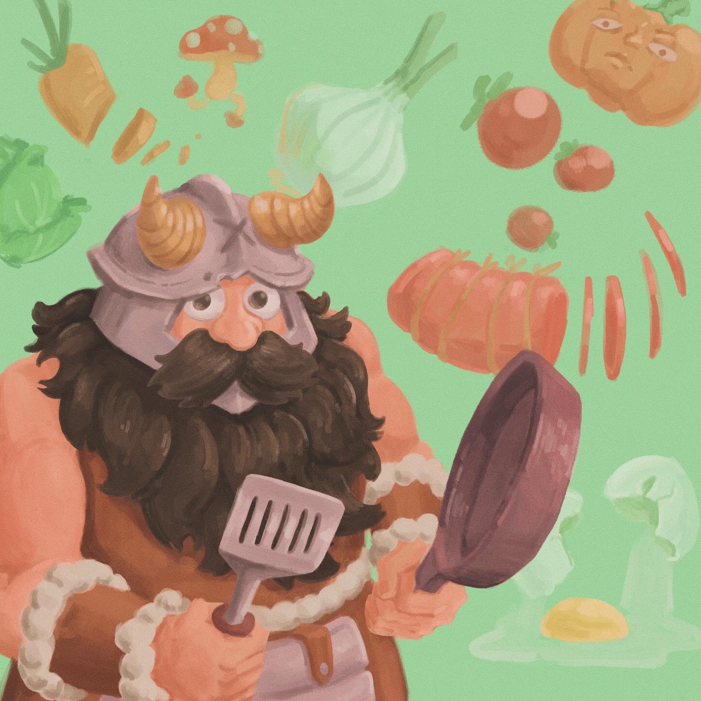 1boy bare_shoulders beard brown_hair cabbage carrot dungeon_meshi dwarf facial_hair fake_horns food frying_pan halfhankins helmet highres holding holding_frying_pan horned_helmet horns long_beard looking_at_viewer male_focus meat mushroom personification senshi_(dungeon_meshi) solo spring_onion thick_mustache toned toned_male upper_body very_long_beard