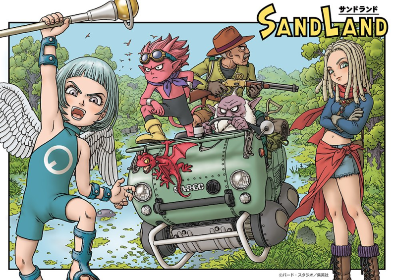 anne_(sand_land) bandana beard beelzebub_(sand_land) bird blue_eyes blue_sky boots braid breasts character_request colored_skin commentary crossed_arms driving english_commentary english_text facial_hair frown gloves goggles goggles_on_head grey_eyes gun hat holding holding_gun holding_staff holding_weapon horns long_hair long_sleeves looking_at_viewer looking_back looking_to_the_side midriff mustache no_shirt official_art open_mouth outdoors pointy_ears purple_skin red_skin riding sand_land sandals scarf short_hair shorts shotgun sky staff steering_wheel tail third-party_source toriyama_akira translation_request tree weapon white_hair wings