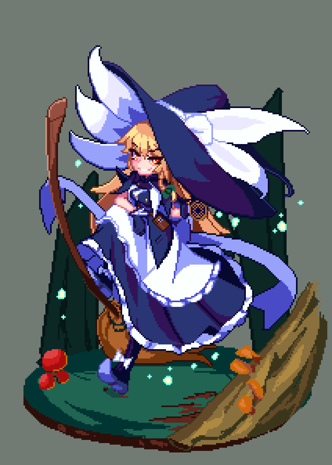 1girl apron black_dress black_gloves black_headwear blonde_hair brodall_pixel broom dress gloves grey_background hat highres kirisame_marisa long_hair looking_at_viewer pixel_art short_sleeves smirk solo touhou witch witch_hat