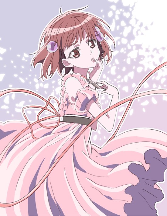 1girl brown_eyes brown_hair choker dress fumiko_(mesushi) hair_bobbles hair_ornament looking_at_viewer open_mouth pink_dress reala_(tales) ribbon short_hair solo tales_of_(series) tales_of_destiny_2 very_short_hair