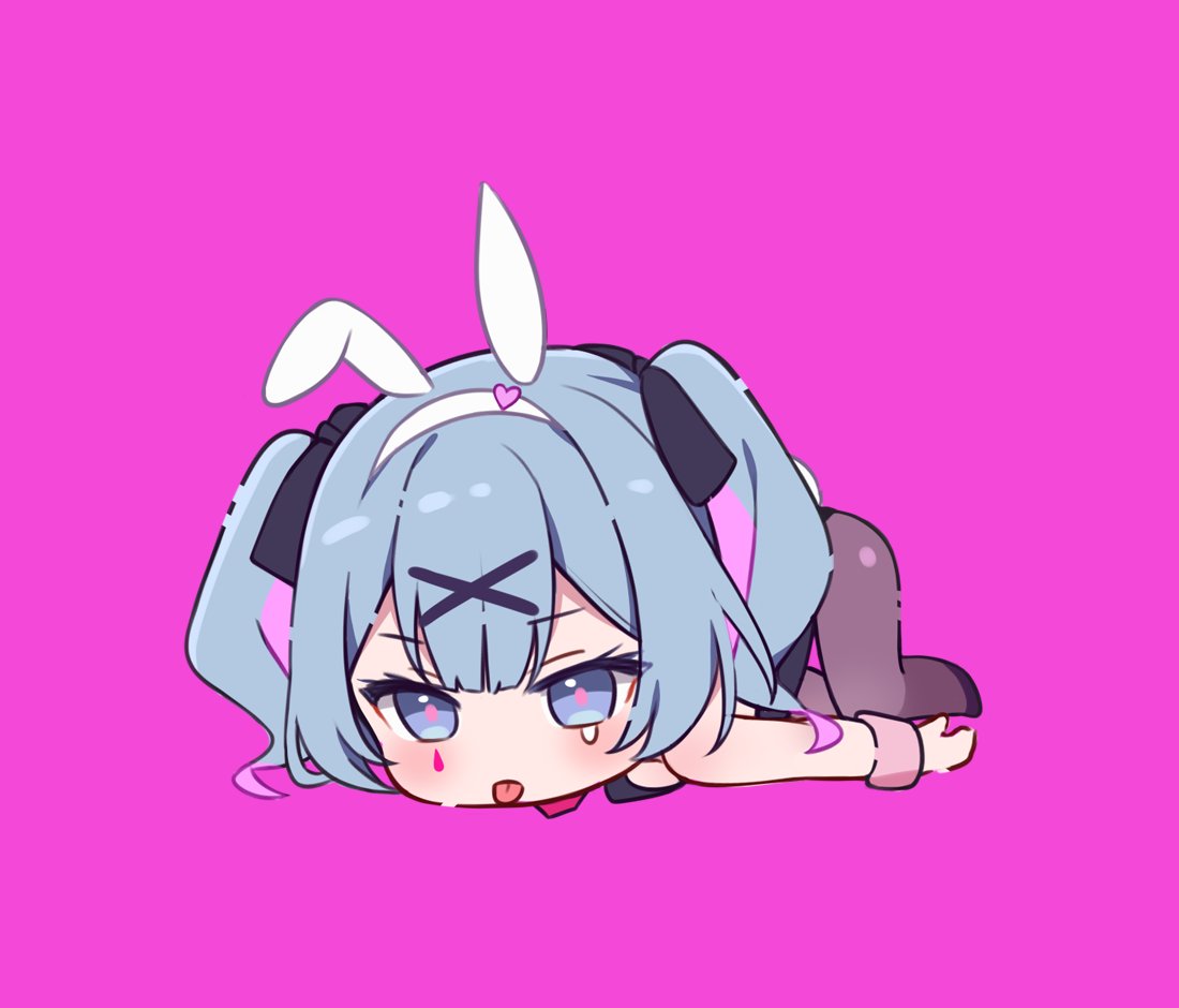 1girl animal_ears bare_shoulders black_bow black_footwear black_leotard blue_eyes blue_hair blush bow brown_pantyhose chibi closed_mouth commentary english_commentary facial_mark fake_animal_ears full_body hair_bow hair_ornament hairband hatsune_miku heart hitsukuya leotard lying on_stomach pantyhose pink_background rabbit_ears rabbit_hole_(vocaloid) shoes simple_background solo tongue tongue_out top-down_bottom-up v-shaped_eyebrows vocaloid white_hairband wrist_cuffs x_hair_ornament