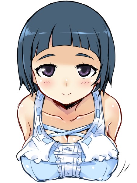 1girl bare_shoulders black_eyes blue_hair blue_shirt blunt_bangs blush breasts cleavage closed_mouth collarbone cropped_torso hirowa_nagi idolmaster idolmaster_cinderella_girls idolmaster_cinderella_girls_starlight_stage looking_at_viewer looking_up motion_lines okazaki_yasuha shirt short_hair simple_background sleeveless sleeveless_shirt small_breasts smile solo upper_body white_background