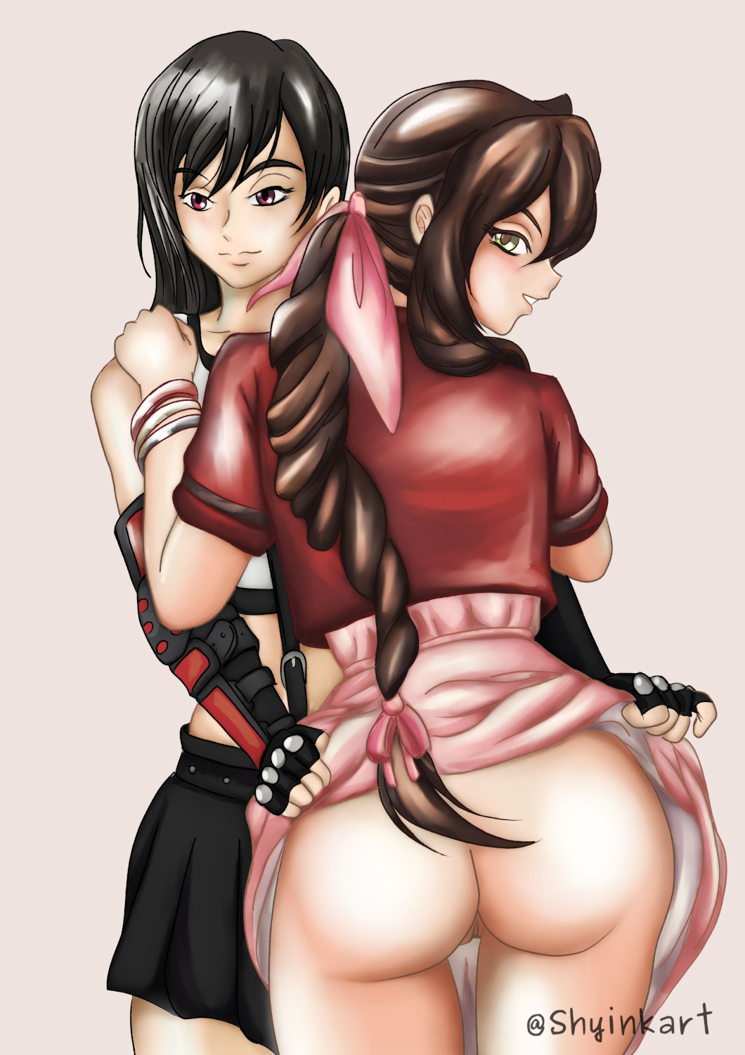 2girls aerith_gainsborough ass assisted_exposure black_hair dress final_fantasy final_fantasy_vii final_fantasy_vii_remake from_behind gloves highres jacket lifting_another's_clothes long_hair multiple_girls no_panties pink_dress red_jacket self-upload shyinkart smile tifa_lockhart