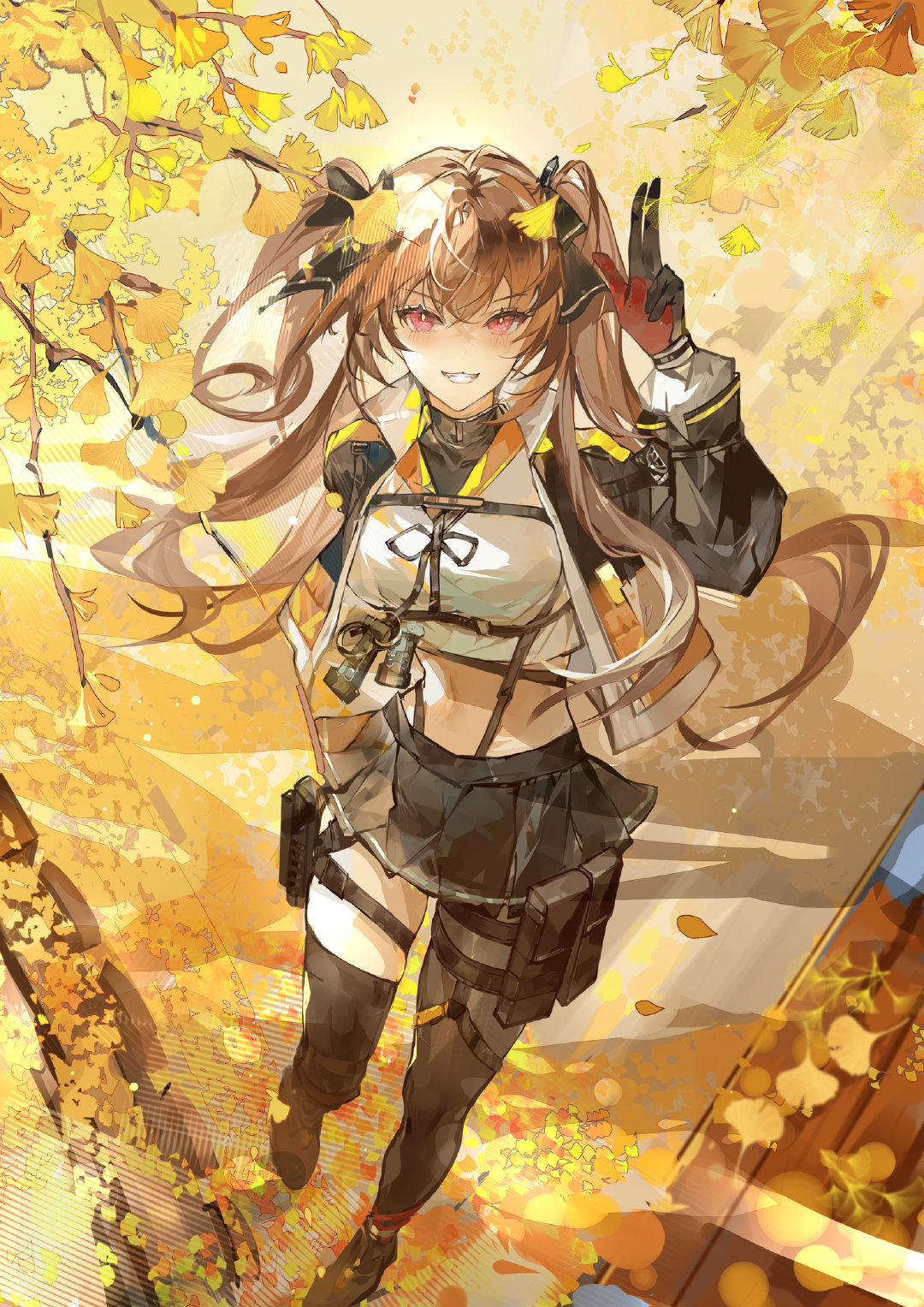 1girl autumn_leaves black_bow black_footwear black_pantyhose black_skirt black_thighhighs bow brown_hair falling_leaves from_above full_body ginkgo_leaf ginkgo_tree girls'_frontline girls'_frontline_2:_exilium grin hair_bow hand_up highres leaf looking_at_viewer miniskirt navel pantyhose pleated_skirt red_eyes shirt single_leg_pantyhose single_thighhigh skirt smile solo standing standing_on_one_leg stomach suspender_skirt suspenders tang_qi_zang teeth thigh_pouch thighhighs two_side_up ump9_(girls'_frontline) w white_shirt yellow_background