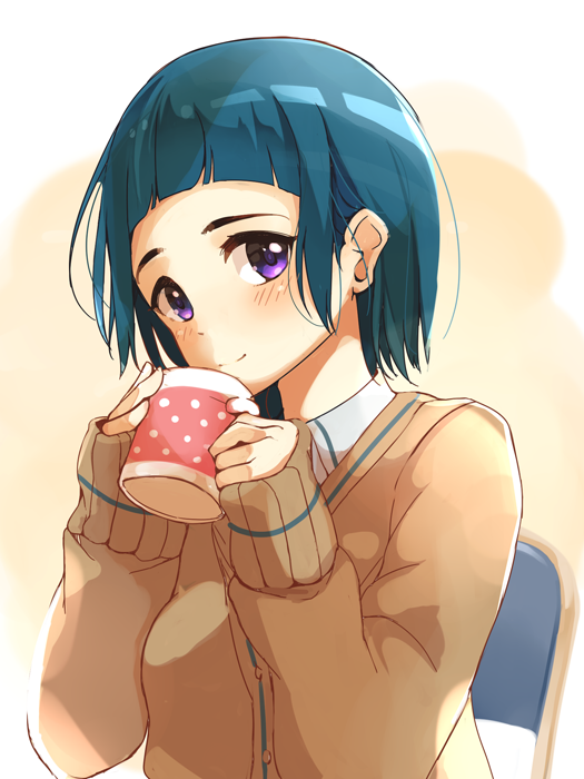 1girl blue_hair blunt_bangs blush breasts brown_cardigan cardigan closed_mouth cup dot_nose hands_up holding holding_cup idolmaster idolmaster_cinderella_girls idolmaster_cinderella_girls_starlight_stage long_sleeves looking_at_viewer mug nira_(vira) okazaki_yasuha on_chair purple_eyes shirt short_hair simple_background sitting sleeves_past_wrists small_breasts smile solo upper_body white_shirt yellow_background