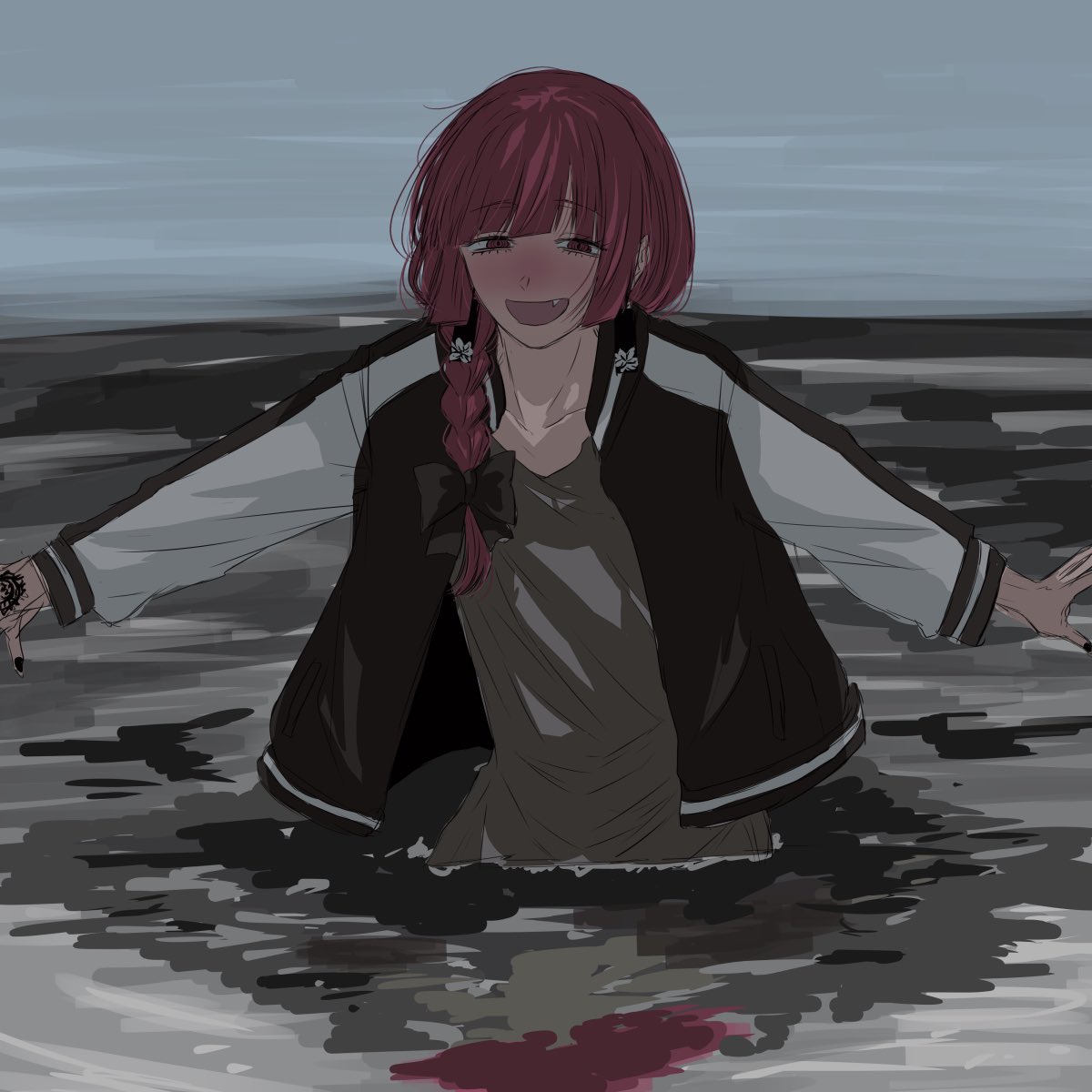 1girl black_bow black_jacket black_nails blush bocchi_the_rock! bow braid collarbone dress drunk fang hair_bow hand_tattoo highres hiroi_kikuri jacket long_hair long_sleeves looking_at_viewer ocean open_clothes open_jacket open_mouth outdoors red_eyes red_hair reflection single_braid solo tattoo wading yukahire