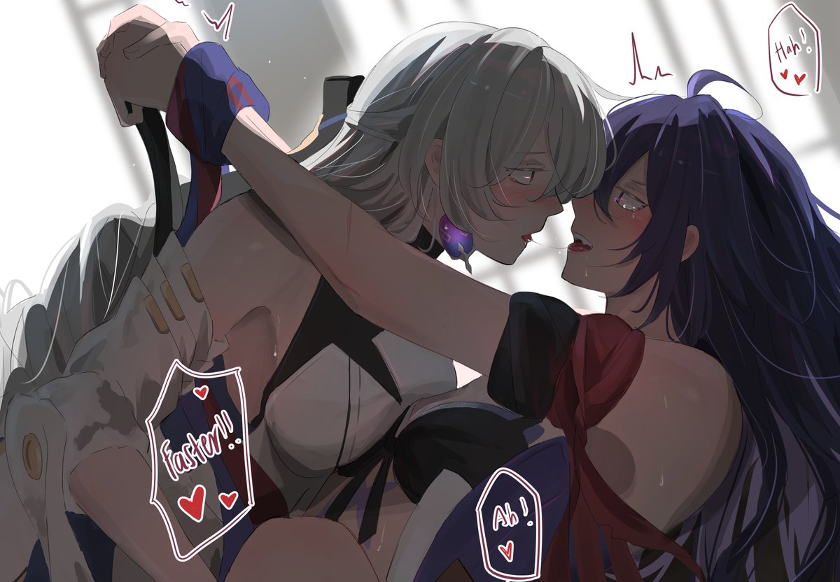 2girls :d ahoge armband bare_shoulders blush breast_press breasts bronya_rand detached_sleeves earrings english_text eye_contact face-to-face from_side grey_hair hair_between_eyes honkai:_star_rail honkai_(series) implied_fingering jewelry kaosmccloud large_breasts long_hair long_sleeves looking_at_another multiple_girls nose_blush open_mouth own_hands_together profile purple_eyes purple_hair purple_scarf purple_shirt red_armband saliva saliva_trail scarf seele_(honkai:_star_rail) shirt sleeveless sleeveless_shirt smile teeth upper_body upper_teeth_only white_shirt white_sleeves yuri