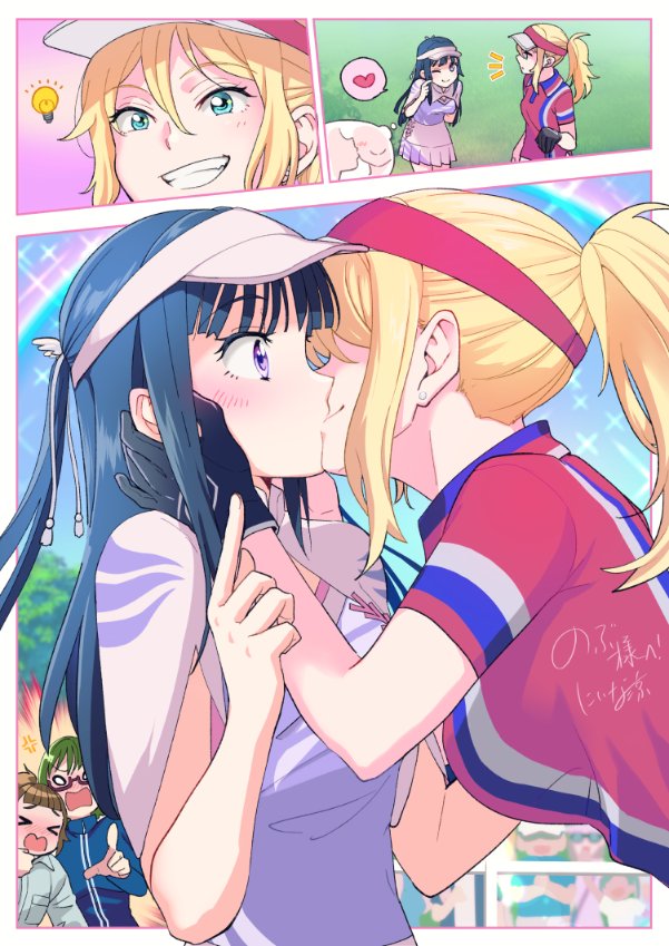 4girls amawashi_aoi birdie_wing:_golf_girls'_story blonde_hair blush breasts couple eve_(birdie_wing) gloves golf golf_club golf_course green_eyes heart holding holding_golf_club kiss large_breasts light_bulb long_hair multiple_girls niina_ryou outdoors playing_sports polo_shirt ponytail purple_eyes rainbow saotome_ichina shinjou_amane shirt smile spoken_heart teeth visor_cap yuri