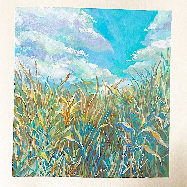 blue_sky cloud cloudy_sky grass mimoth no_humans original painting_(medium) pastel_(medium) plant scenery sky tall_grass traditional_media white_background