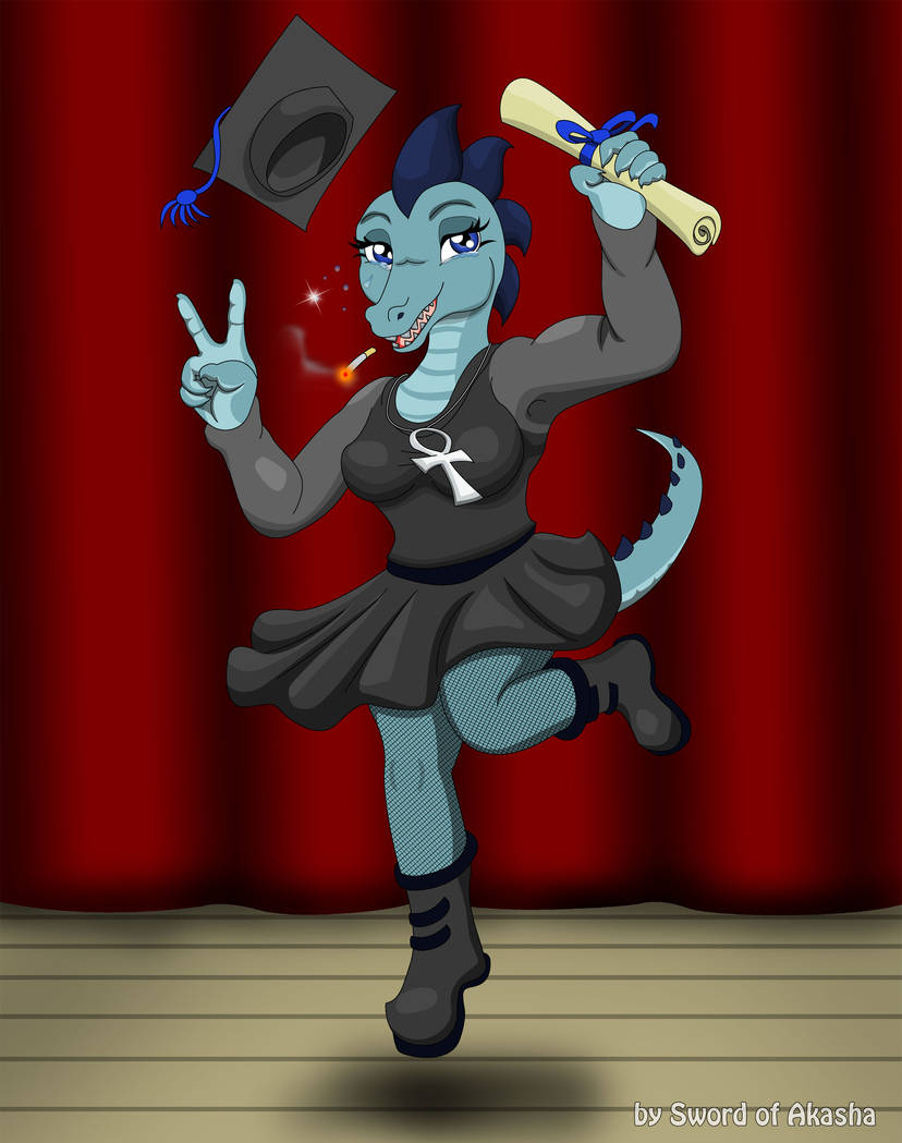 2018 5_fingers anthro artist_name bea_santello black_boots black_clothing black_dress black_footwear blue_claws blue_eyebrows blue_eyes blue_scutes boots breasts cigarette claws clothing colored crocodile crocodilian crocodylid curtains digital_drawing_(artwork) digital_media_(artwork) dress eyebrows eyelashes fangs female finger_claws fingers floor footwear gesture graduation_cap graduation_ceremony grey_clothing grey_dress half-closed_eyes hand_gesture happy hat headgear headwear inside jewelry jumping long_sleeves long_tail multicolored_body multicolored_clothing multicolored_dress multicolored_scales narrowed_eyes necklace night_in_the_woods non-mammal_breasts nylon nylon_stockings pink_tongue raised_leg red_curtains reptile scales scalie scutes shaded smoke solo sparkles stage sword-of-akasha tail teeth text tongue v_sign velcro wood wood_floor