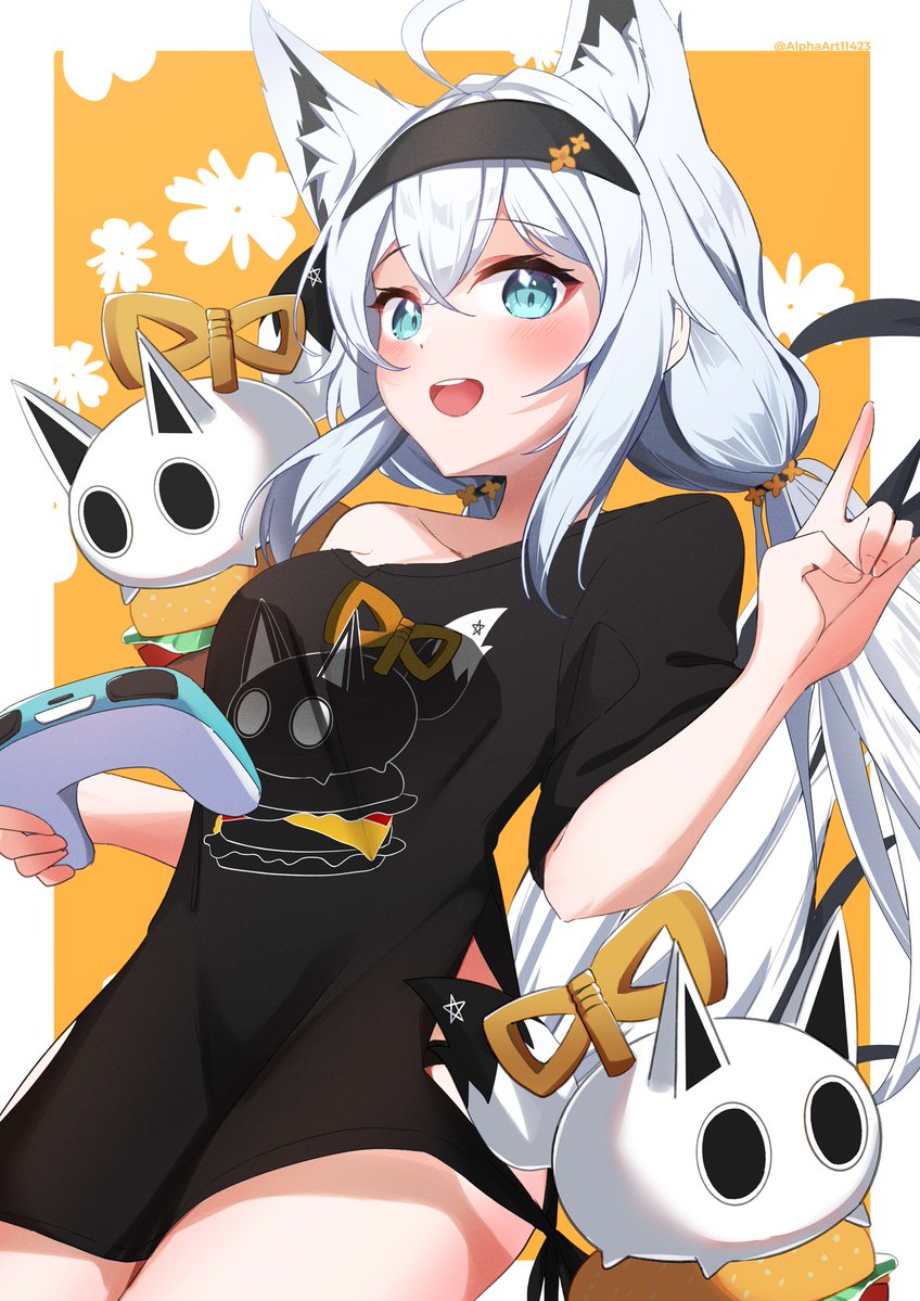 1girl :d ahoge alphaart animal_ear_fluff animal_ears aqua_eyes black_hairband black_shirt blush border breasts burger commentary controller cowboy_shot extra_ears food fox_ears fox_girl fox_shadow_puppet fox_tail game_controller hairband hands_up holding holding_controller holding_game_controller hololive long_hair looking_at_viewer low_twintails medium_breasts nejima_kitsune_(shirakami_fubuki) official_alternate_costume pentagram shirakami_fubuki shirakami_fubuki_(7th_costume) shirt side-tie_shirt single_bare_shoulder smile solid_circle_eyes solo t-shirt tail teeth thighs twintails upper_teeth_only virtual_youtuber white_border white_hair yellow_background