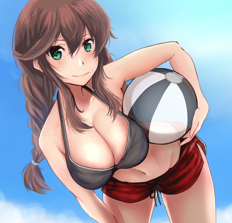 1girl ball beach beachball bikini black_bikini blue_sky braid breasts brown_hair cleavage cloud cowboy_shot day feet_out_of_frame green_eyes hand_on_own_thigh horizon kantai_collection large_breasts leaning_forward long_hair noshiro_(kancolle) ocean outdoors r31harutan red_scrunchie red_shorts scrunchie shorts sky solo swept_bangs swimsuit twin_braids wrist_scrunchie