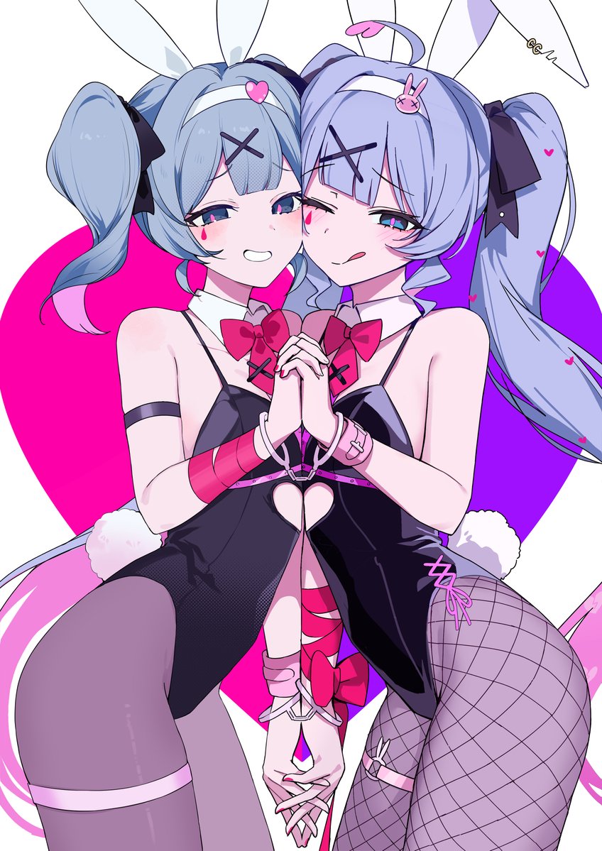 2girls ahoge animal_ears aqua_hair armband bare_shoulders black_leotard black_pantyhose blue_eyes blue_hair blunt_bangs blush breast_press clone clothing_cutout collaboration commentary cowboy_shot cuffs fishnet_pantyhose fishnets flat_chest grin hair_ornament handcuffs hatsune_miku heart heart_background heart_hairband holding_hands leotard long_hair looking_at_viewer medium_hair miku_day multiple_girls omutatsu one_eye_closed pantyhose pink_pupils playboy_bunny rabbit_ears rabbit_hair_ornament rabbit_hole_(vocaloid) rabbit_tail red_ribbon ribbon shared_handcuffs side-by-side smile squinting stomach_cutout symmetrical_docking tail tanosii_chan teardrop_facial_mark tongue tongue_out twintails vocaloid wrist_ribbon x_hair_ornament x_x