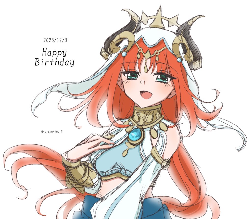 1girl aqua_eyes blue_bow blush bow breasts dated fake_horns floating_hair genshin_impact halterneck hand_on_own_chest happy_birthday harem_outfit horns long_hair looking_at_viewer medium_breasts nilou_(genshin_impact) parted_bangs red_hair satone shrug_(clothing) smile solo twitter_username upper_body very_long_hair vision_(genshin_impact) white_background white_veil