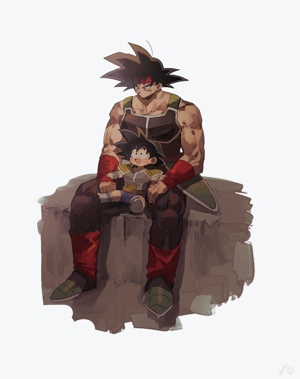 2boys :d bardock black_eyes black_hair blush dougi dragon_ball dragon_ball_z father_and_son faux_figurine full_body happy headband highres looking_at_another male_focus multiple_boys muscular muscular_male nikudoku on_ground saiyan_armor short_hair simple_background sitting sitting_on_lap sitting_on_person smile son_goku spiked_hair thick_eyebrows wristband