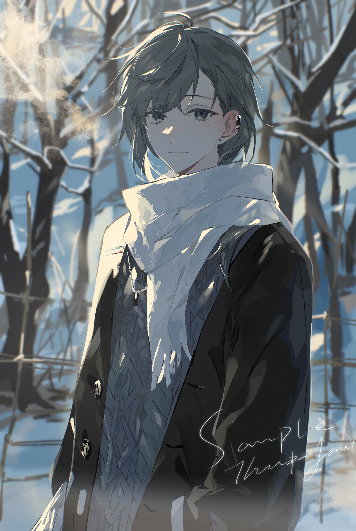 1boy closed_mouth commentary commission earclip earrings english_commentary forest grey_eyes grey_hair grey_sweater highres jacket jewelry kanae_(nijisanji) knit_sweater looking_at_viewer male_focus mole mole_under_eye nature necklace nijisanji open_clothes open_jacket outdoors qing_yan_xia scarf short_hair snow solo stud_earrings sweater tree upper_body virtual_youtuber white_scarf winter_clothes