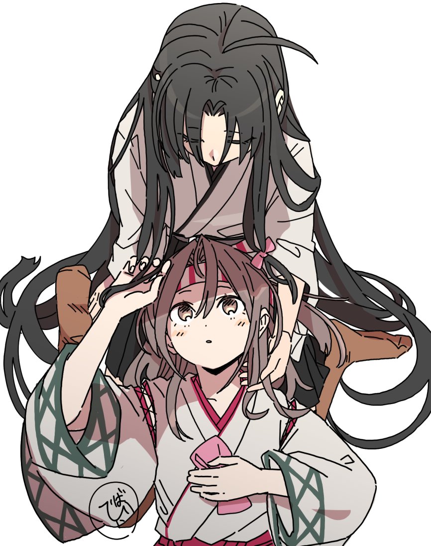 2girls ahoge black_hair black_hakama blush bow brown_eyes brown_hair brown_socks closed_eyes commentary_request hachimaki hair_bow hair_ribbon hakama hakama_skirt headband hinata_hibari japanese_clothes kantai_collection lap_pillow long_hair lying multiple_girls red_hakama ribbon shorts shouhou_(kancolle) signature sitting skirt socks very_long_hair wariza white_background zuihou_(kancolle)