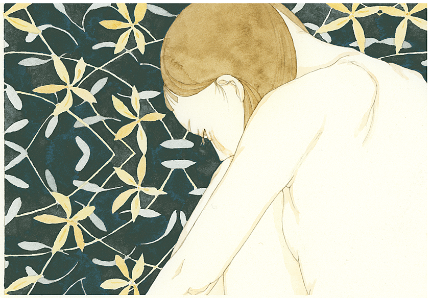 1girl border breasts brown_eyes brown_hair floral_background hugging_own_legs kst1911 looking_at_viewer original painting_(medium) pale_skin profile skinny small_breasts solo traditional_media watercolor_(medium)