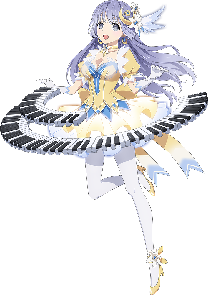 1girl blue_eyes blue_hair breasts cleavage crescent date_a_live dress flower full_body gloves hair_flower hair_ornament instrument izayoi_miku keyboard_(instrument) long_hair looking_at_viewer medium_breasts official_art open_mouth smile solo transparent_background