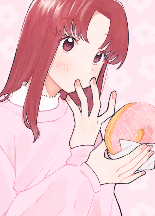 1girl covered_mouth doughnut egashira_mika floral_background food food_wrapper hands_up holding holding_food long_hair long_sleeves looking_at_viewer nail_polish parted_bangs pechevail pink_background pink_nails pink_sweater red_eyes red_hair skip_to_loafer solo sweater upper_body