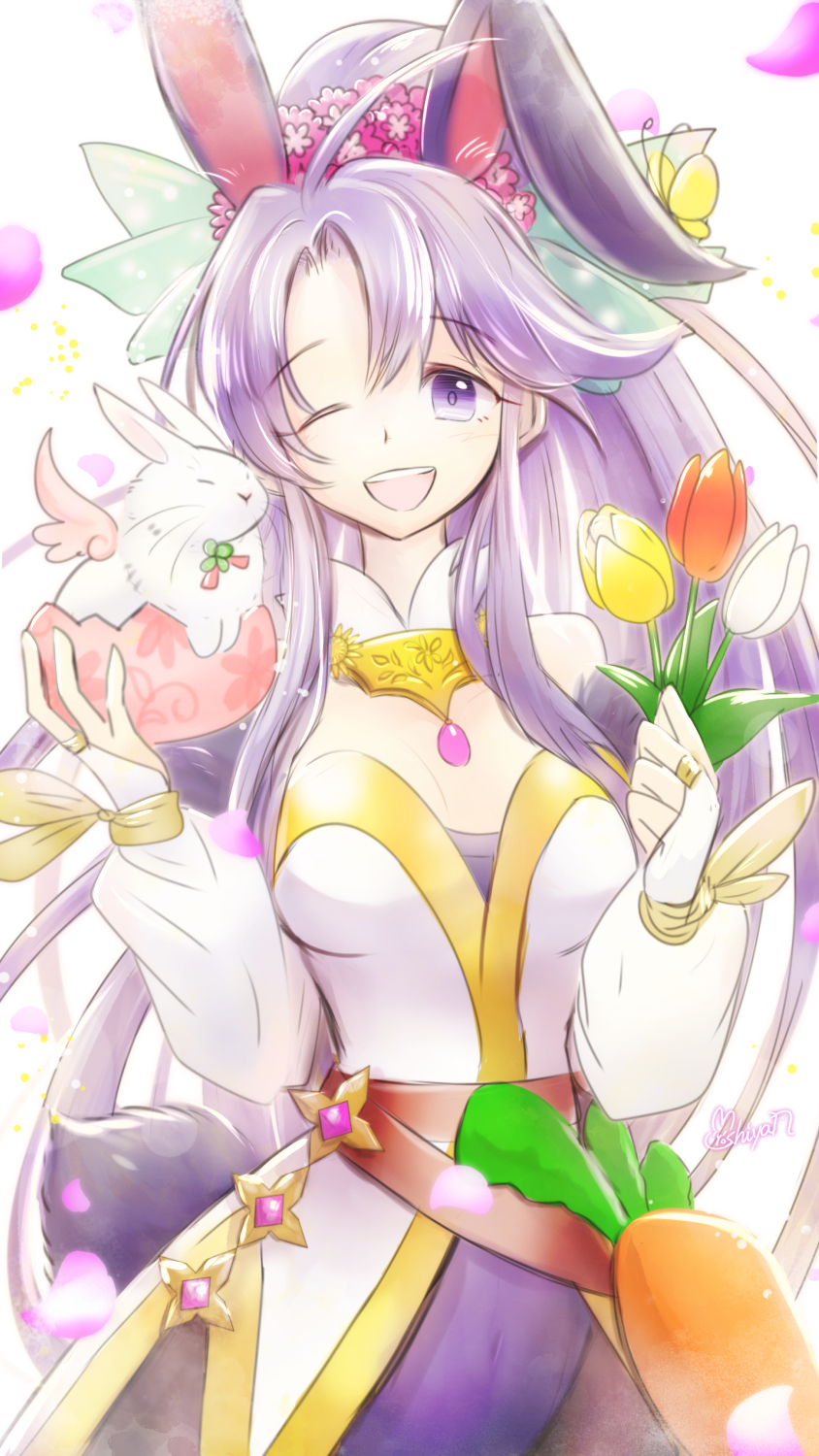 1girl ;d alternate_costume animal_ears bridal_gauntlets fake_animal_ears fire_emblem fire_emblem:_genealogy_of_the_holy_war fire_emblem_heroes flower highres holding holding_flower long_hair looking_at_viewer one_eye_closed open_mouth playboy_bunny ponytail purple_eyes purple_hair rabbit rabbit_ears sidelocks smile tailtiu_(fire_emblem) teeth upper_teeth_only yoshiyanmisoko2